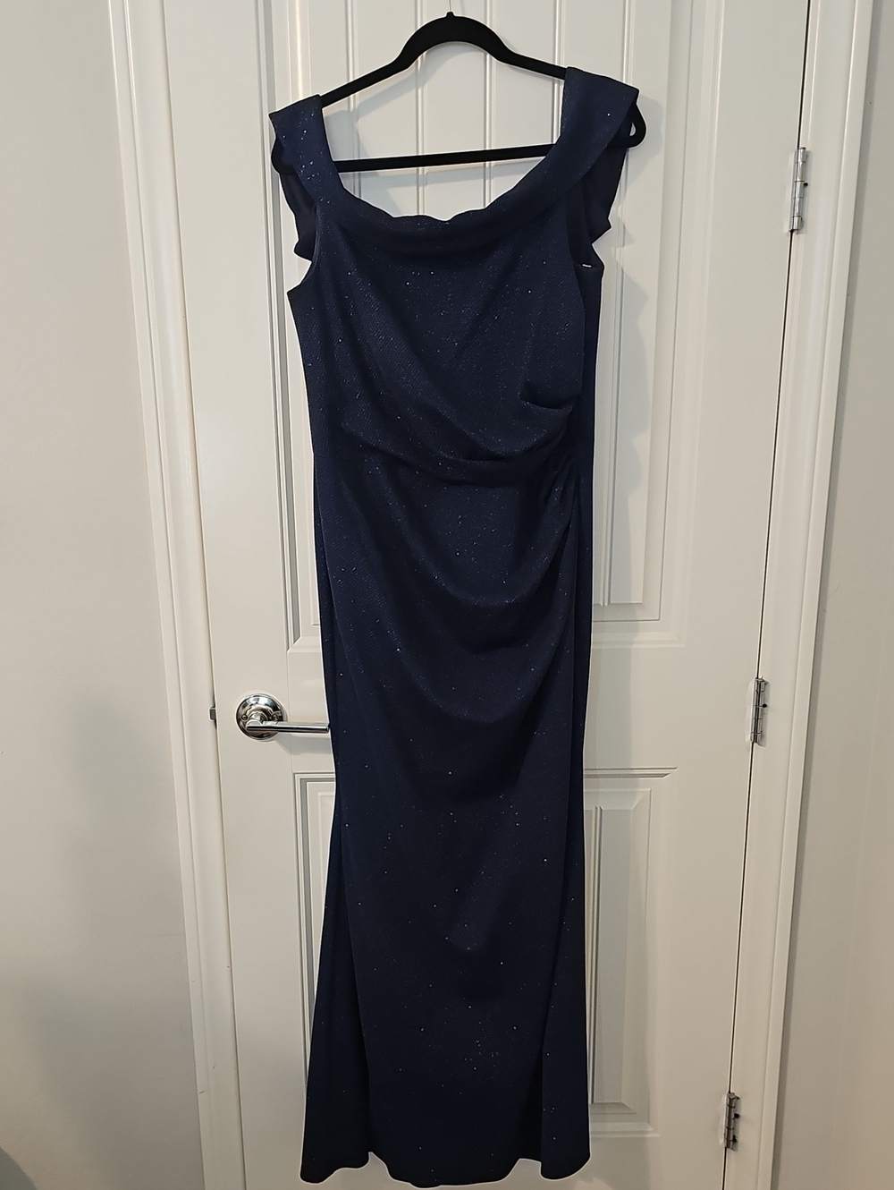 Navy Sparkle Evening Off Shoulder Gown